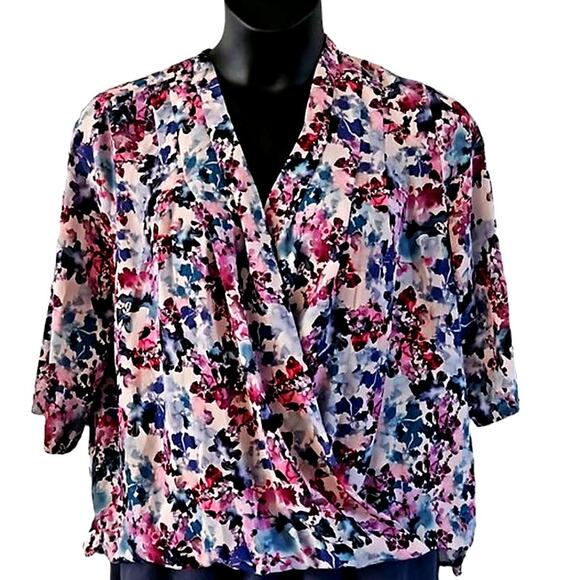 Lark & Ro Women’s Floral 3/4 Sleeve Faux Wrap Blouse - Size Large - Draped Front - Picture 2 of 8